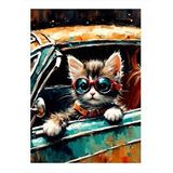 Tablomega Retro Araba Ve Gözlüklü Kedi Modern Mdf Tablo 35cm X50cm