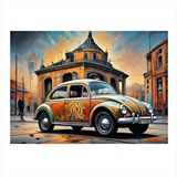 Tablomega Retro Kaplumbağa Araba Ve Binalar Dekoratif Ahşap Tablo 25cmx 35cm