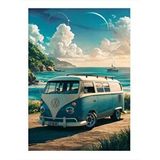 Tablomega Retro Minibüs Ve Deniz Manzarası Mdf Poster 35cm X50cm