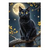 Tablomega Siyah Kedi Ve Dolunay Desenli Ahşap Tablo 25cmx 35cm