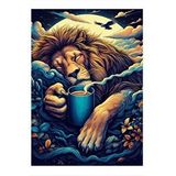 Tablomega Uykucu Aslan Kahve İçiyor Desenli Ahşap Tablo 25cmx 35cm
