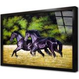 Tablosan Koşan Ikili Siyah At Çerçeveli Cam Tablo 60x90 cm