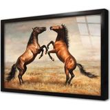 Tablosan Şaha Kalkmış Ikili At Çerçeveli Cam Tablo 60x90 cm