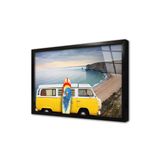 Tablosan Sahilde Sarı Vosvos Minibüs Çerçeveli Cam Tablo 60X90 Cm Ca01249