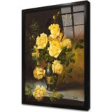 Tablosan Vazoda Sarı Güller Çerçeveli Cam Tablo 50x70 cm