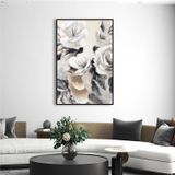 Tablosan Yağlı Boya Dokulu Tablo Modern Beyaz Çiçekler Siyah Çerçeveli U02008