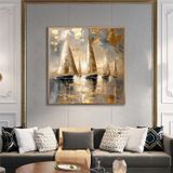 Tablosan Yağlı Boya Dokulu Tablo Modern Denizde Yelkenliler Altın Çerçeveli U06035
