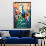 Tablosan Yağlı Boya Dokulu Tablo Modern Renkli Tavus Kuşu Siyah Çerçeveli U04031
