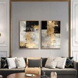 Tablosan Yağlı Boya Dokulu Tablo Siyah Gri Altın Soyut İkili Set Altın Çerçeveli U08048