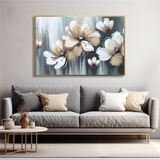Tablosan Yağlı Boya Dokulu Tablo Soyut Krem Beyaz Çiçekler Altın Çerçeveli U02027