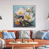 Tablosan Yağlı Boya Dokulu Tablo Soyut Modern Beyaz Çiçekler Altın Çerçeveli U02032