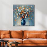 Tablosan Yağlı Boya Dokulu Tablo Vazoda Renkli Modern Çiçekler Siyah Çerçeveli U02061