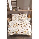 Tabu Home Ranforce Ayıcıklı Kalpli Çarşafı Lastikli Çift Kişilik Nevresim Takımı - Krem - 200 x 220 cm