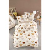 Tabu Home Ranforce Ayıcıklı Kalpli Çarşafı Lastikli Tek Kişilik Nevresim Takımı - Krem - 160 x 220 cm