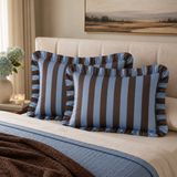 Tabu Home Ranforce Mavi Kahve Fırfırlı Yastık Kılıfı 2'li - Mavi - Kahverengi - 50 x 70