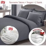 Taç Çift Kişilik Premium Basic Stripe Saten Nevresim Takımı Yorgan Yastık - Gri - 200 x 220 cm