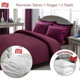 Taç Çift Kişilik Premium Basic Stripe Saten Nevresim Takımı Yorgan Yastık - Mürdüm - 200 x 220 cm