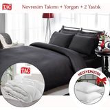 Taç Çift Kişilik Premium Basic Stripe Saten Nevresim Takımı Yorgan Yastık - Siyah - 200 x 220 cm