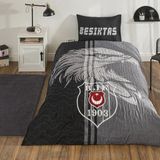 Taç Lisanslı Kapitoneli -Beşiktaş Taraftar- Lastikli Çarşaflı Tek Kişilik 4 Mevsim Nevresim Takımı - Siyah - Beyaz - 160 x 220 cm
