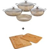 Taç Mastercook Tombik 7 Parça Granit Tencere Seti Gri Metal Saplı Yanmaz Yapışmaz Isıya Dayanıklı Cam Kapaklı + Hediye Ahşap Mutfak Kesme Tahtası - Cappuccino - 20-24-26 cm