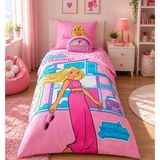 Taç Yeni Sezon Lisanslı Barbie Dream House Tek Kişilik Nevresim Takımı ( Kırlent Hediyeli ) - Pembe - 160 x 220 cm