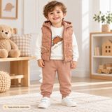 Tace Kids Erkek Bebek 3’lü Kapüşonlu Takım Dinozor Desenli Şişme Yelek Sweatshirt ve Pantolon - 9 Ay - Bej