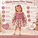 Tace Kids Kız Çocuk Müslin Elbise Çiçek Desenli ve Triko Süveter Takım - Pembe - Kahverengi - 12 Ay