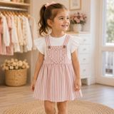 TACE KIDS Kız Çocuk Pembe Çizgili Kalp Detaylı Salopet Elbise ve Beyaz Tişört Takımı UB69
