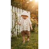 TA&CE Kids Tace Kıds %100 Pamuk Müslin Bebek Yazlık Takımı 4'lü Set - Kulaklı Şapka, Gömlek, Tişört ve Şort - 9 Ay - Bej