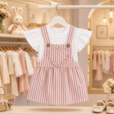 Tace Kids Tace Kıds Kız Çocuk Pembe Çizgili Kalp Detaylı Salopet Elbise ve Beyaz Tişört Takımı - Pembe - Beyaz - 2 Yaş