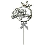Taçlı Gümüş Happy Birthday Fiyonklu Pasta Süsü