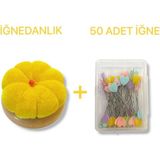 Tahta Altlıklı Iğne Tutucu Minder ve Bir Paket Toplu Iğne(Sarı Renk)