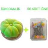 Tahta Altlıklı Iğne Tutucu Minder ve Bir Paket Toplu Iğne(Yeşil Renk)