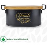 Tahta Kapaklı Metal Ekmeklik, Ahşap Kapaklı Ekmeklik (Bread Baskılı) - Siyah