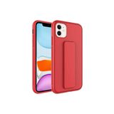 TahTicMer Apple Iphone 12 Kılıf Silikon Standlı Elden Geçme Mıknatıslı Hand Strap Suni Derili Arka Koruma, Kırmızı