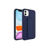 TahTicMer Apple Iphone 12 Kılıf Silikon Standlı Elden Geçme Mıknatıslı Hand Strap Suni Derili Arka Koruma, Lacivert