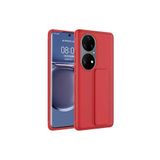 TahTicMer Huawei P50 Pro(jad-lx9 Kılıf Silikon Standlı Elden Geçme Mıknatıslı Hand Strap Suni Derili, Kırmızı