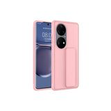 TahTicMer Huawei P50 Pro(jad-lx9 Kılıf Silikon Standlı Elden Geçme Mıknatıslı Hand Strap Suni Derili, Pudra