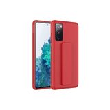 TahTicMer Samsung Galaxy A03s Kılıf Silikon Standlı Elden Geçme Mıknatıslı Hand Strap Suni Derili, Kırmızı