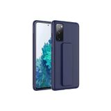 TahTicMer Samsung Galaxy A03s Kılıf Silikon Standlı Elden Geçme Mıknatıslı Hand Strap Suni Derili, Lacivert