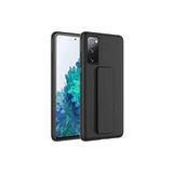 TahTicMer Samsung Galaxy A03s Kılıf Silikon Standlı Elden Geçme Mıknatıslı Hand Strap Suni Derili, Siyah