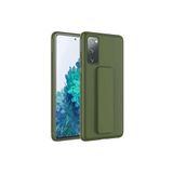 TahTicMer Samsung Galaxy A03s Kılıf Silikon Standlı Elden Geçme Mıknatıslı Hand Strap Suni Derili, Yeşil