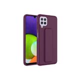 TahTicMer Samsung Galaxy A12 A125 Kılıf Silikon Standlı Elden Geçme Mıknatıslı Hand Strap Suni Derili, Mor