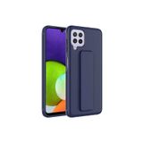 TahTicMer Samsung Galaxy A22 A225 Kılıf Silikon Standlı Elden Geçme Mıknatıslı Hand Strap Suni Derili, Lacivert