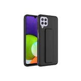 TahTicMer Samsung Galaxy A22 A225 Kılıf Silikon Standlı Elden Geçme Mıknatıslı Hand Strap Suni Derili, Siyah