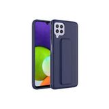 TahTicMer Samsung Galaxy M22 M225 Kılıf Silikon Standlı Elden Geçme Mıknatıslı Hand Strap Suni Derili, Lacivert
