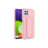 TahTicMer Samsung Galaxy M22 M225 Kılıf Silikon Standlı Elden Geçme Mıknatıslı Hand Strap Suni Derili, Pudra