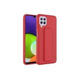 TahTicMer Samsung Galaxy M32 M325 Kılıf Silikon Standlı Elden Geçme Mıknatıslı Hand Strap Suni Derili, Kırmızı