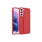 TahTicMer Samsung Galaxy S22 Plus S906 Kılıf Silikon Standlı Elden Geçme Mıknatıslı Hand Strap Suni Derili, Kırmızı