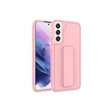 TahTicMer Samsung Galaxy S22 Plus S906 Kılıf Silikon Standlı Elden Geçme Mıknatıslı Hand Strap Suni Derili, Pudra